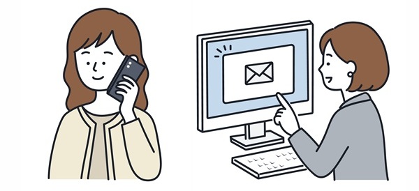 女性のお客様がメールや電話で問い合わせをする様子のイラスト
