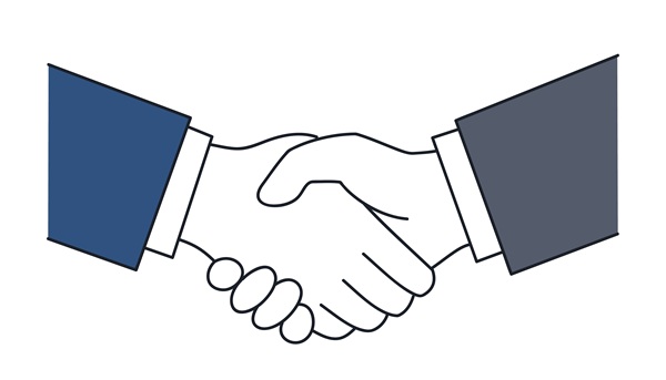 業務が完了して社員とお客様が握手する様子のイラスト