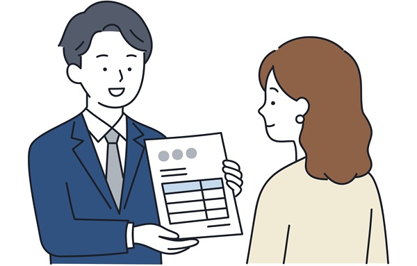 男性社員が女性のお客様に内容確認を行う様子のイラスト