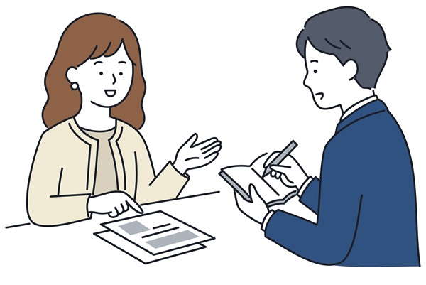 女性のお客様が男性社員に相談する様子のイラスト